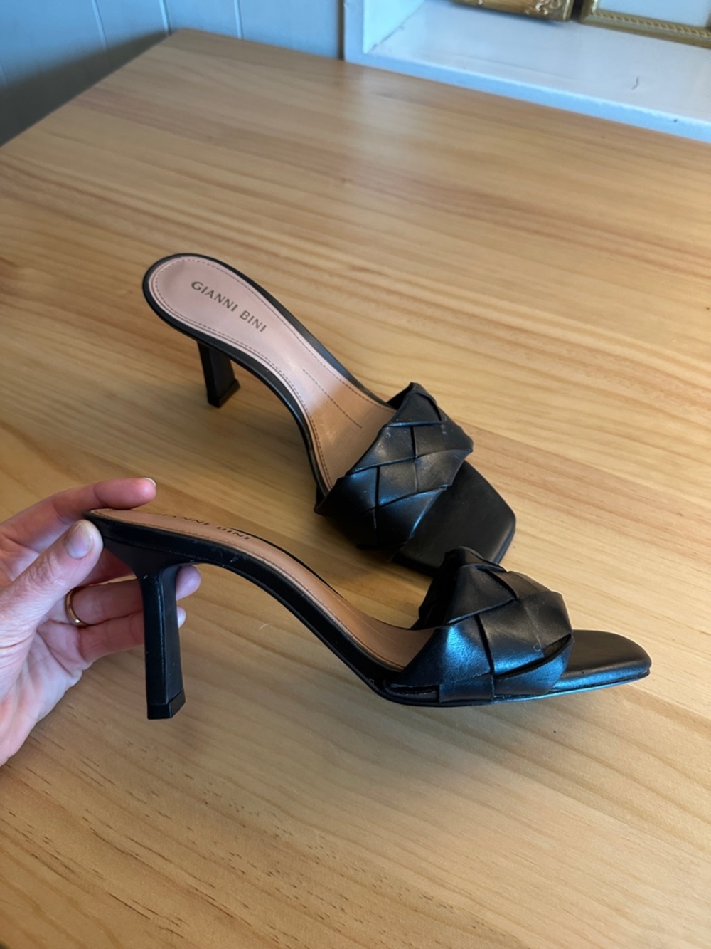 Gianni Bini Black Braided Leather Mule Heels - Picture 2 of 3